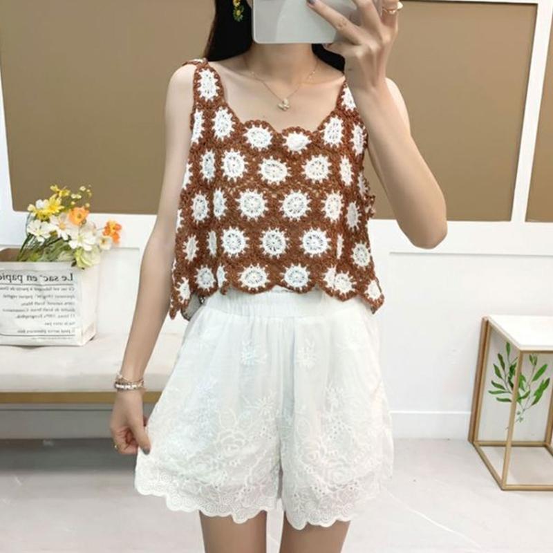 Hollow Knit Contrast Color Beach Crop Tank Top Women Crochet Flower Camisole