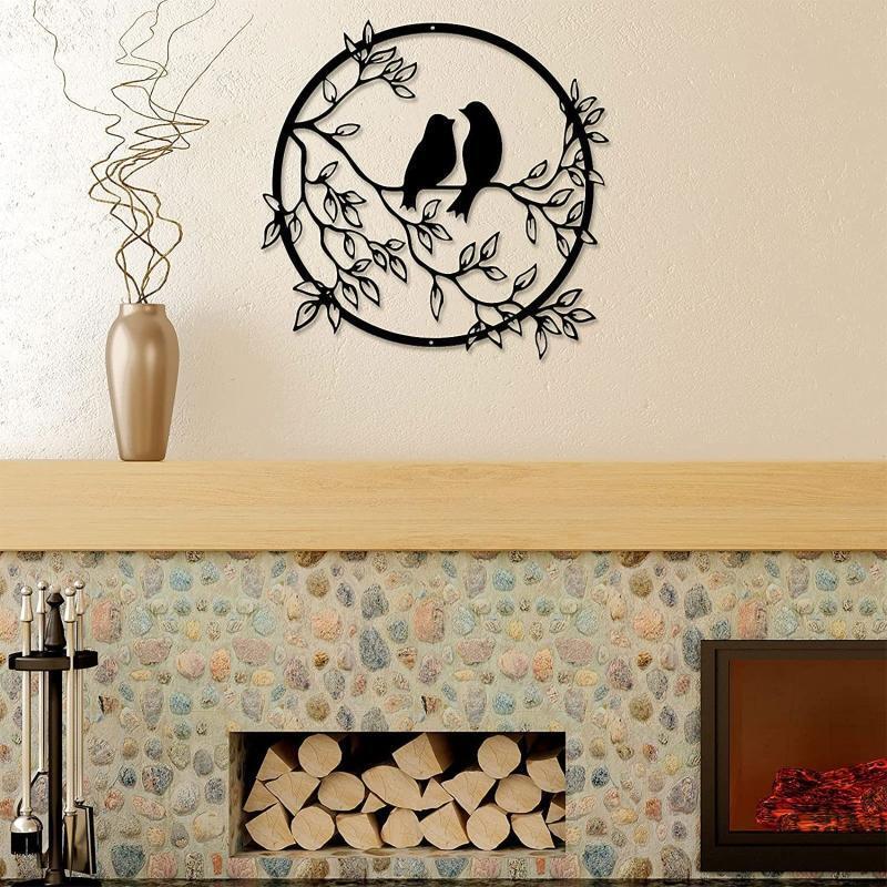 Metal Couple Bird on Branch Sculpture Iron Wall Silhouette Round Plaque Decor
