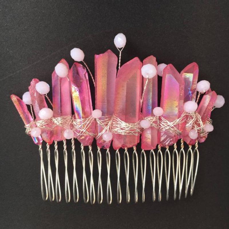 Handmade Natural Stone Bridal Hair Comb Pink AB Quartz Crystal Tiara Headpiece