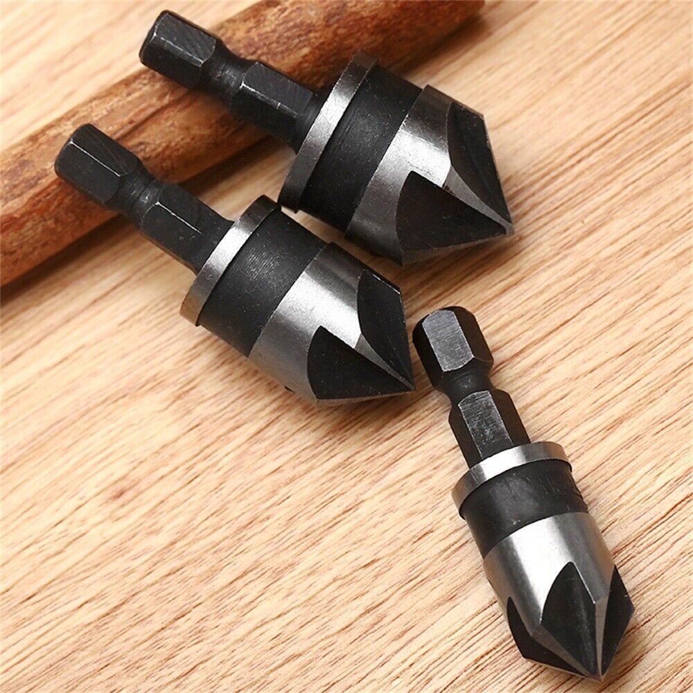 3Pcs Hex Shank 90° Degree 5 Flute Countersink End Chamfer Wood Drill Bit Set