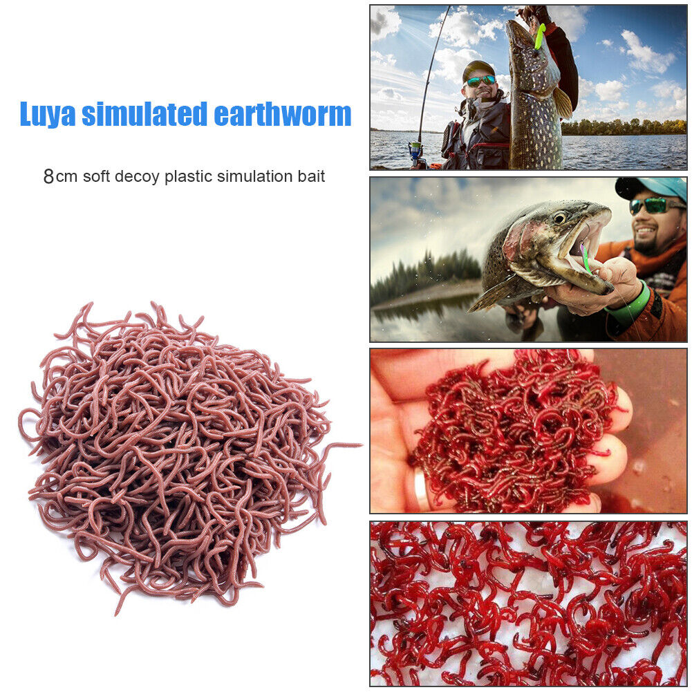 50pcs Red Worm Soft Lure Earthworm Shrimp Bass Fishing Bait (8cm Red Brown)