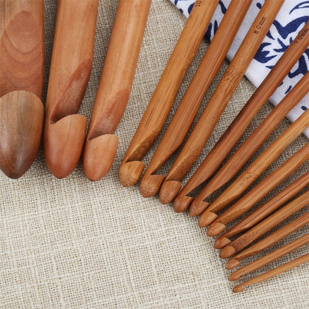 15x Practical Wooden Bamboo Large Crochet Needle Hook Knitting Tool for Sweater