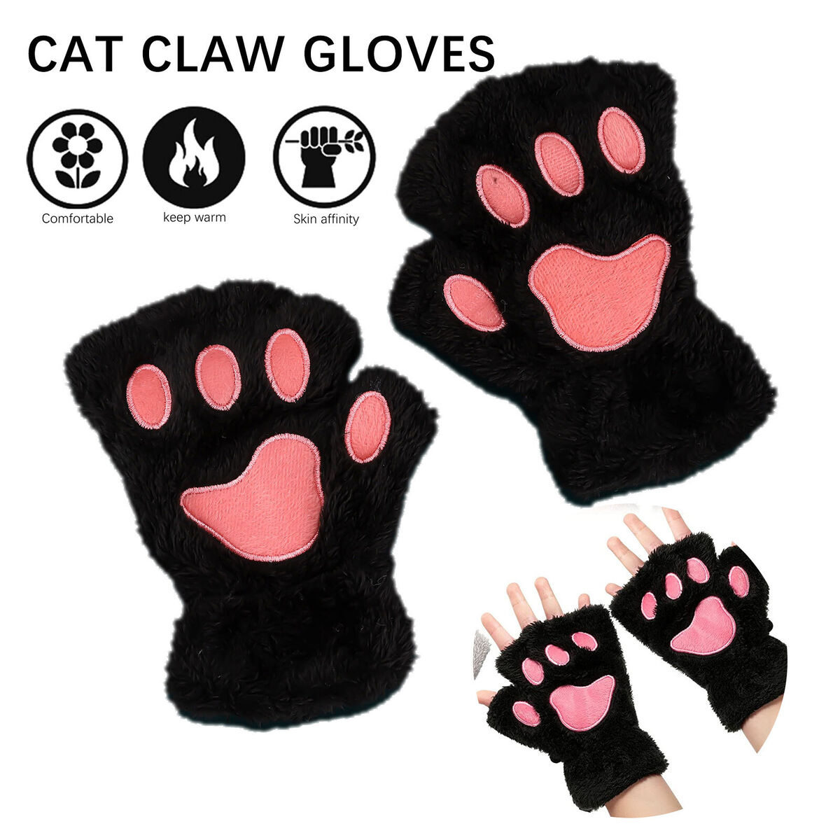 Cat Paw Gloves Durable Plush Cat Paw Fingerless Faux Fur Gloves (Black)