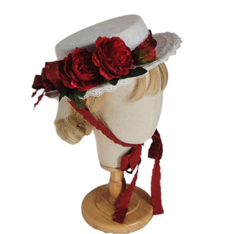 Sweet Lolita Lace-up Flat Top Hat Japanese Girl Flower Tophat for Wedding Church