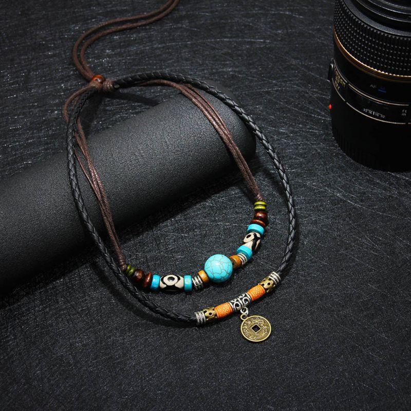 Hip Hop Turquoise Bead Personality Niche Coin Pendant Necklace for Party Wedding