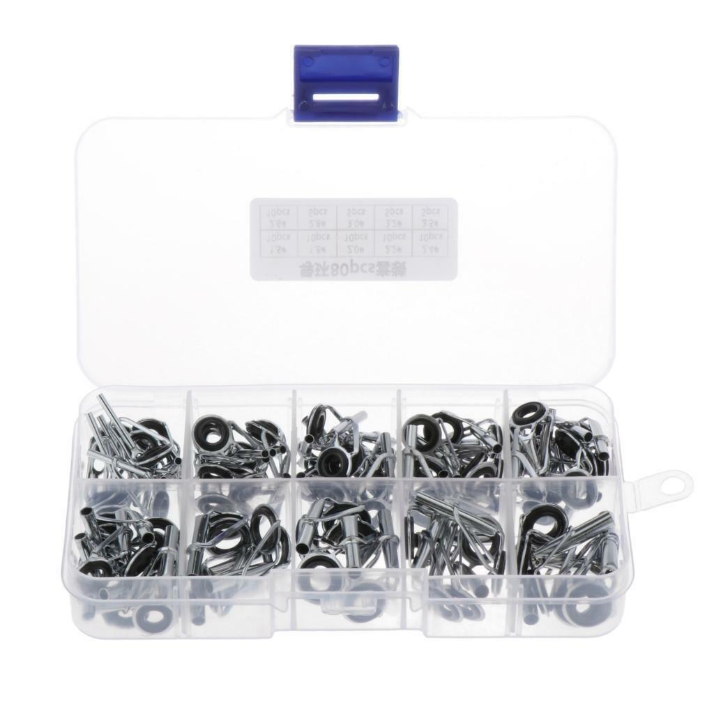 80Pcs/Set Ceramic Fishing Rod Guides Tip Line Repair Kit Stainless Steel Rings