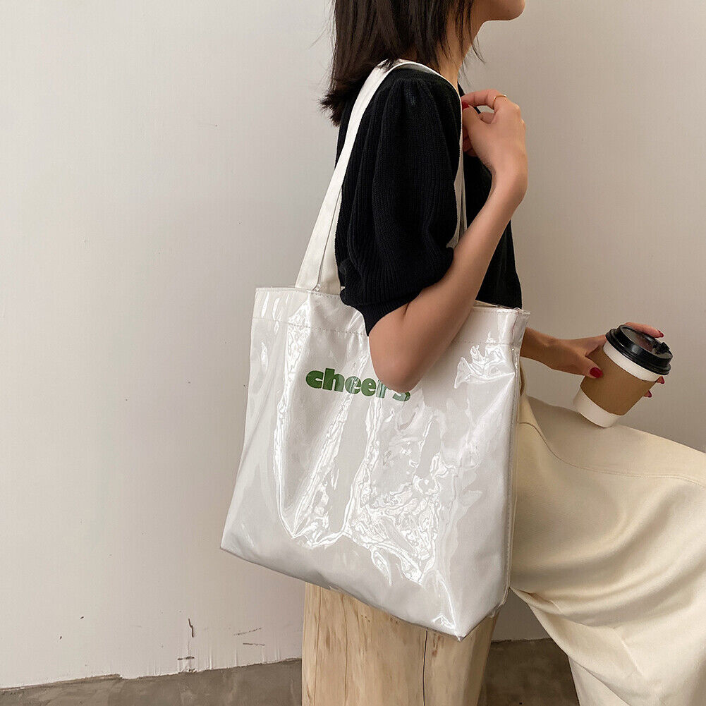 Fashion Women Canvas PVC Patchwork Print Shoulder Bag Large Handbag (White)