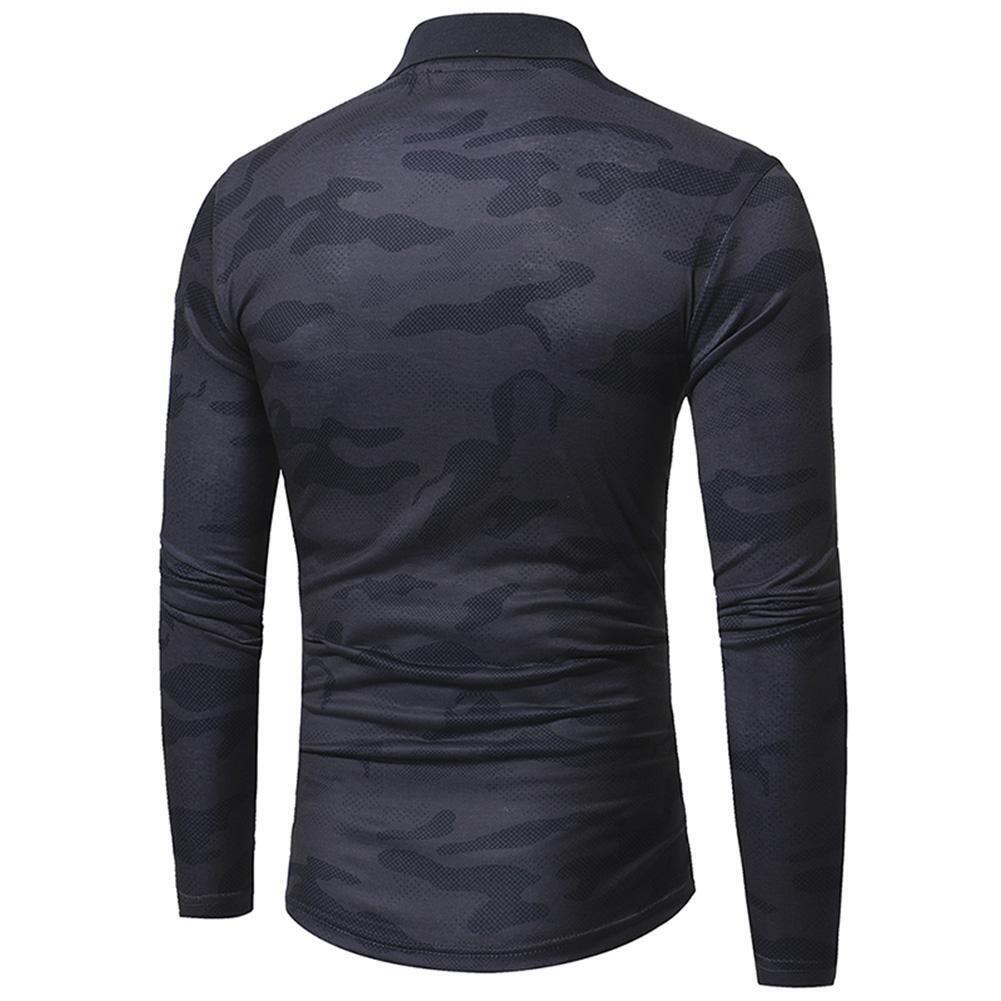 Men Long Sleeve Camouflage Lapel T-shirt Army Military Cotton Top(Grey L)