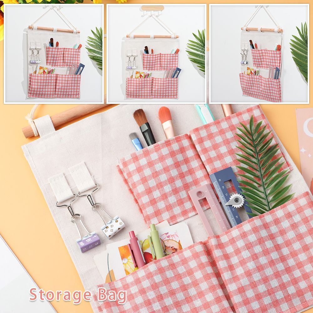 Storage Wall Behind The Door 4 Pockets Storage Bags Pink Grid Hanging Bag