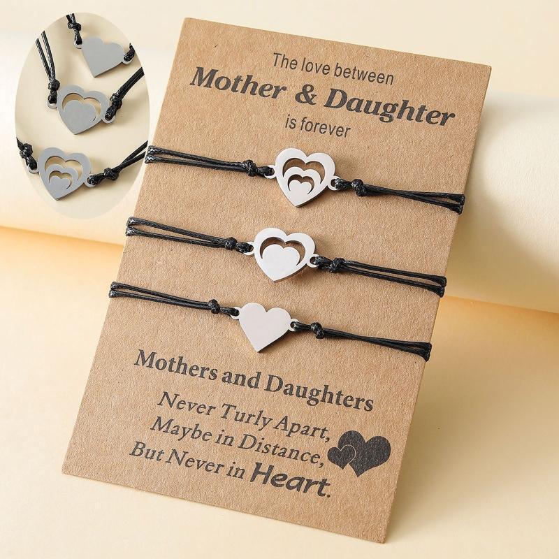 3Pcs Wax Line Wristband Adjustable Heart Matching Bracelet Sister Gifts