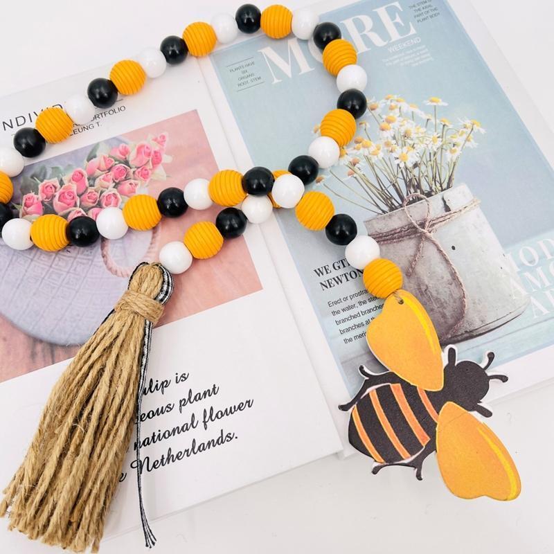 Creative Bee Wood Bead Garland Wooden Beads Tassel Chain Ornament