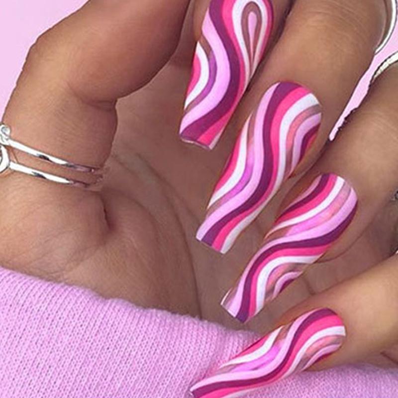Striped Press On Nails Wave Press On Nail Wavy False Nails Long Detachable