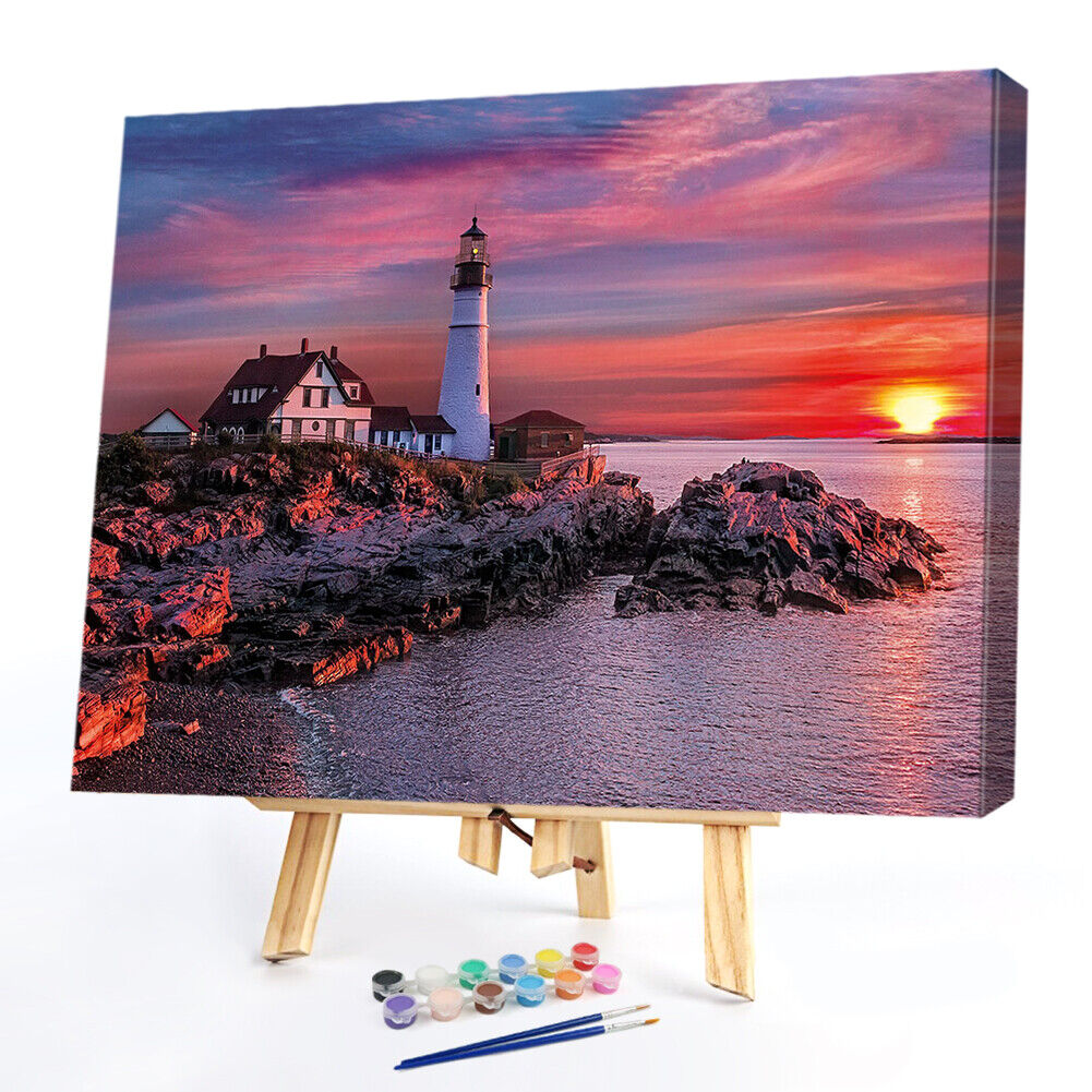 Seaside Lighthouse Frameless Oil Paint by Numbers Kit Handpainted Picture