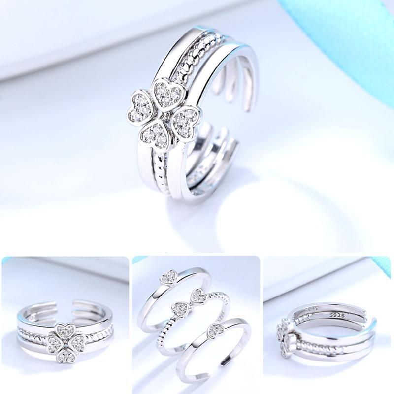 3 Pieces Women's Love Heart Four-leaf Lucky Clover Rhinestone 3 in 1 Ring Lucky