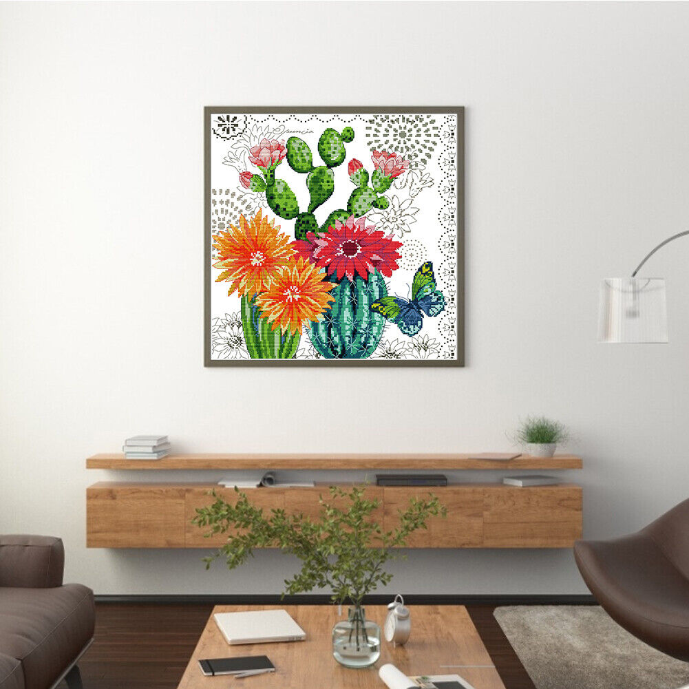 Partial Cross Stitch DIY 14CT Printed Prickly Pear Flower Wall Artwork Kits