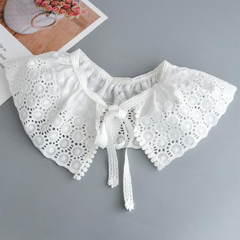 Women Spring Embroidery Threads Faux Collar Pleated Shawl Circle Flower Capelet