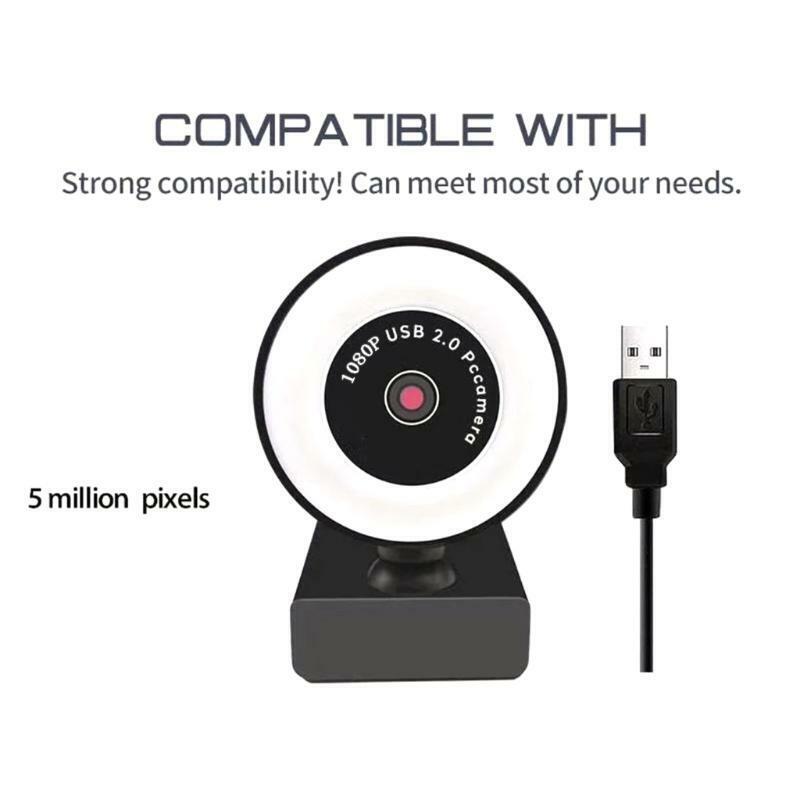 USB Streaming Webcam 1080P  Wide Angle Webcam with Ring Light & Microphone