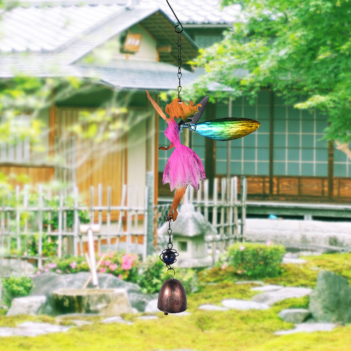 Fairy Angel Wind Chimes Metal Art Wind Bell for Indoor Outdoor Yard (Pink)