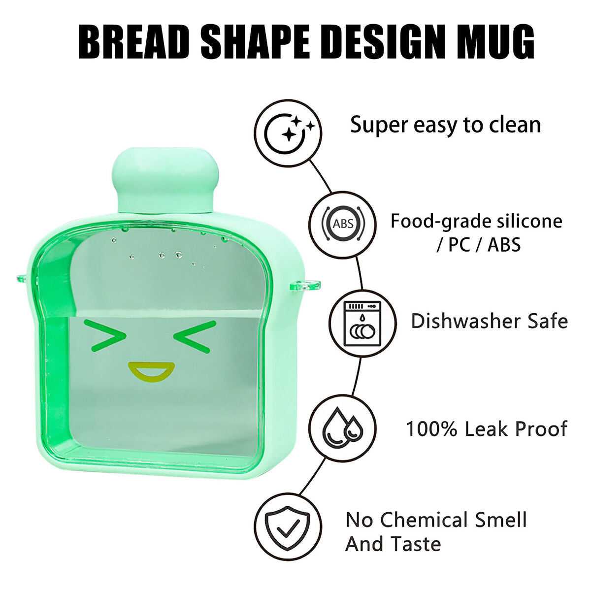 Clear Water Bottles Bread Shape Cup with Rotatable Threaded Lids (Green)