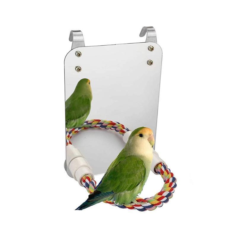 7 Inch Bird Mirror with Cotton Rope Perch Stand for Lovebirds Canaries Finch