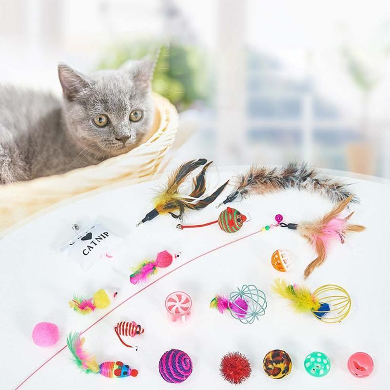 20 Pcs Cat Interactive Feather Bell Ball Teaser Stick Mouse Fish Shape Funny Cat