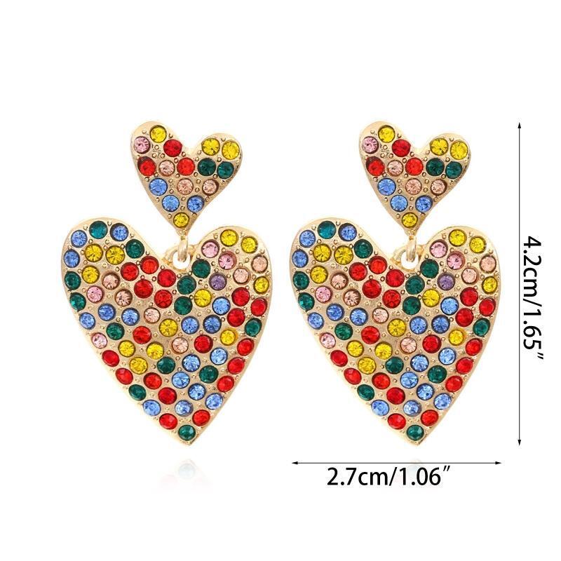 Fashion Double Heart Stud Earrings Rhinestone Alloy Punk Statement Jewelry Gift