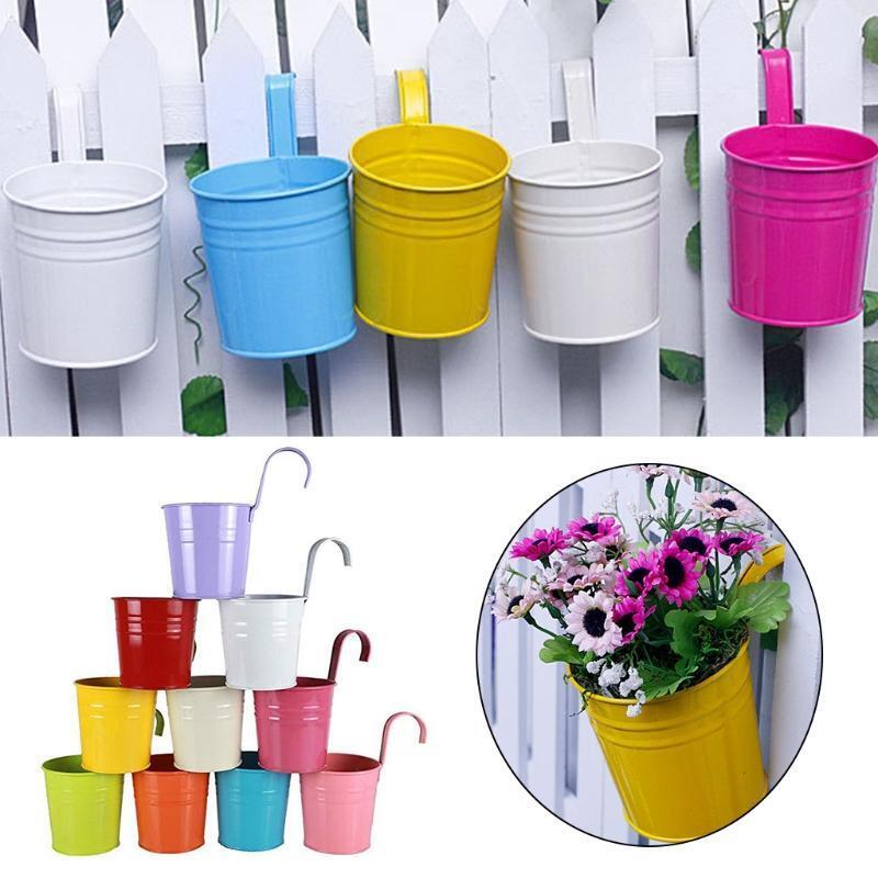 Iron Bucket Flower Pot with Hanging Hook Handle Small Garden Plant Vase Balcony