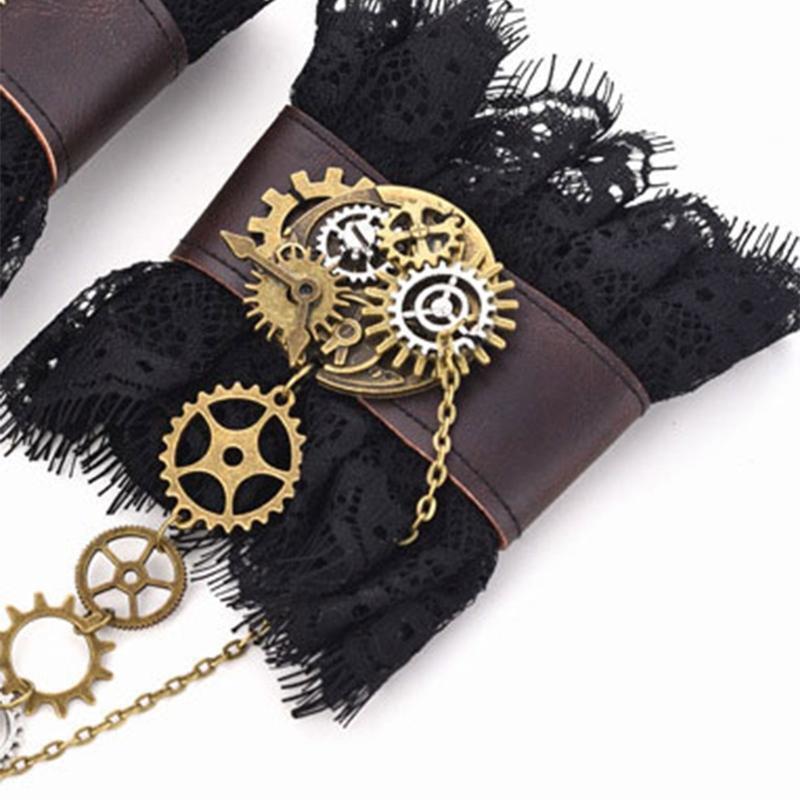 Gothic Steampunk Lace Cuff with Ring Gear Bracelet Victorian Wrist Cuff Party
