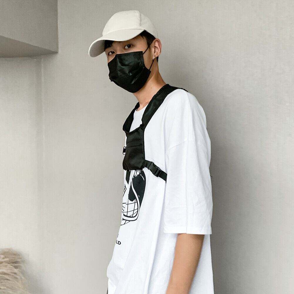 Street Shoulder Bags Women Men Nylon Hip Hop Vest Chest Pouch (1 Black)