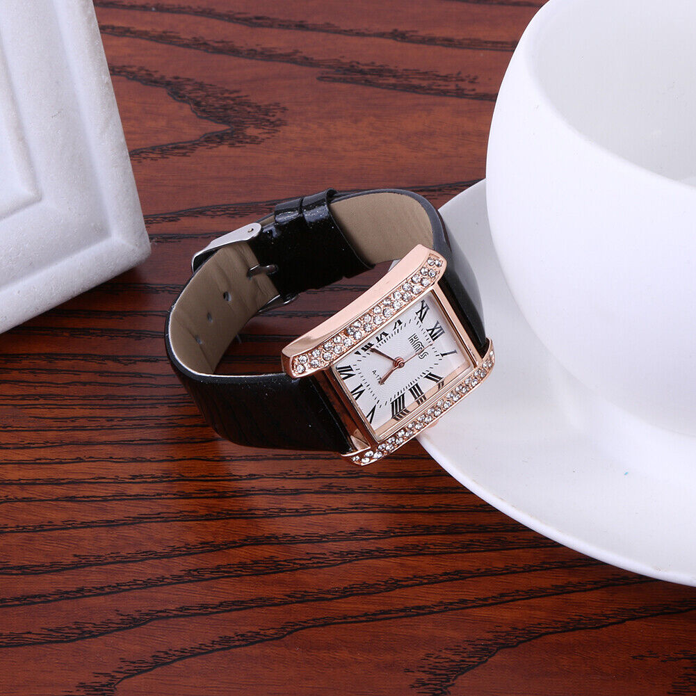 Hot New PU Leather Band Ladies Watch Alloy Square Diamante Face Black