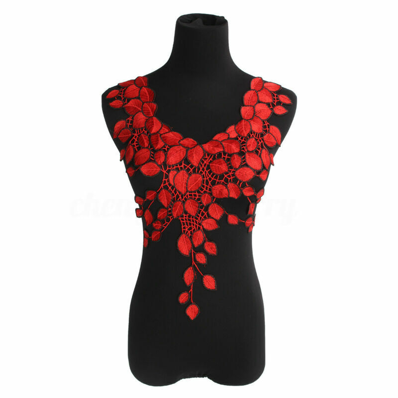 Large Red Flower Lace Embroidery Venise Neckline Motif Collar Patches Applique