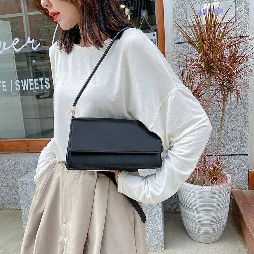 Simple Solid Color Women Handbag Tote PU Female Flap Shoulder Bag (Black)