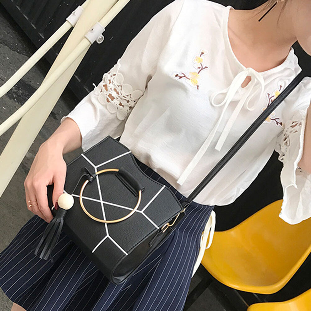 Women PU Leather Floral Printed Tassel Handbag Crossbody Shoulder(Black)