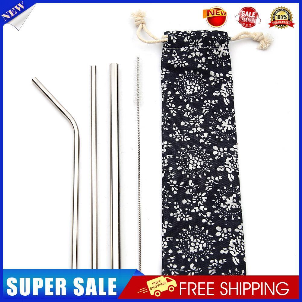 3/5pcs Reusable Metal Bent Straight Drink Straw Clean Brush Pouch Tool (A)