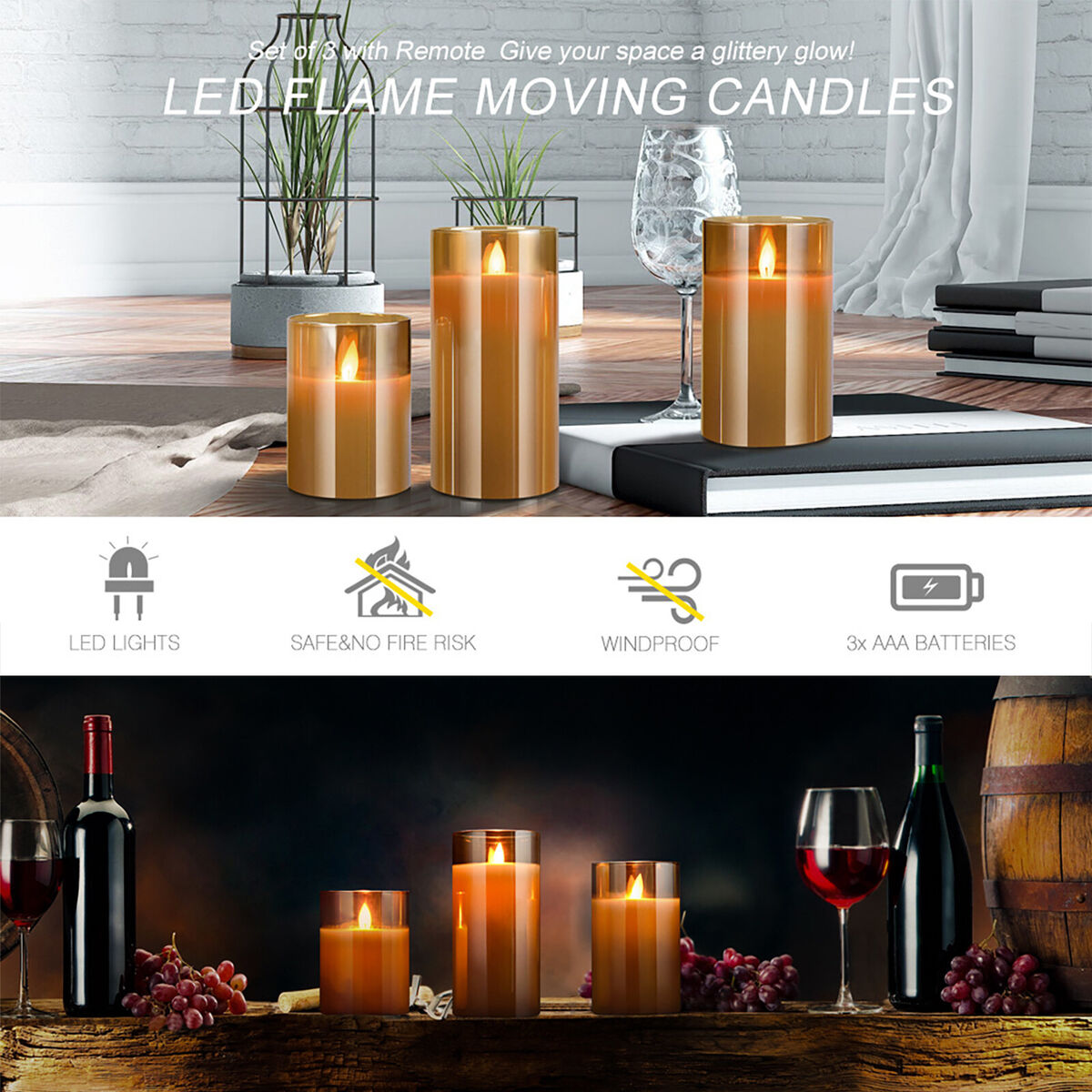Flameless Candles - 3pcs Realistic LED Candles for Christmas Decor (Brown)