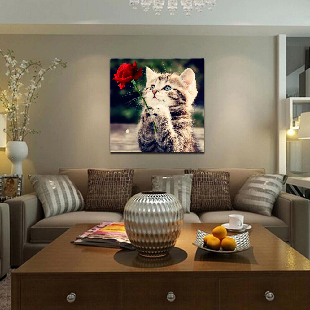 Naughty Kitten Cat Rose 5D Diamond DIY Painting Craft Home Decor
