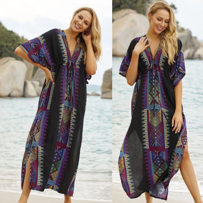 Women Geometry Print Boho V-Neck Bikini Cover Up Half Sleeve Beach Dress Kaftans