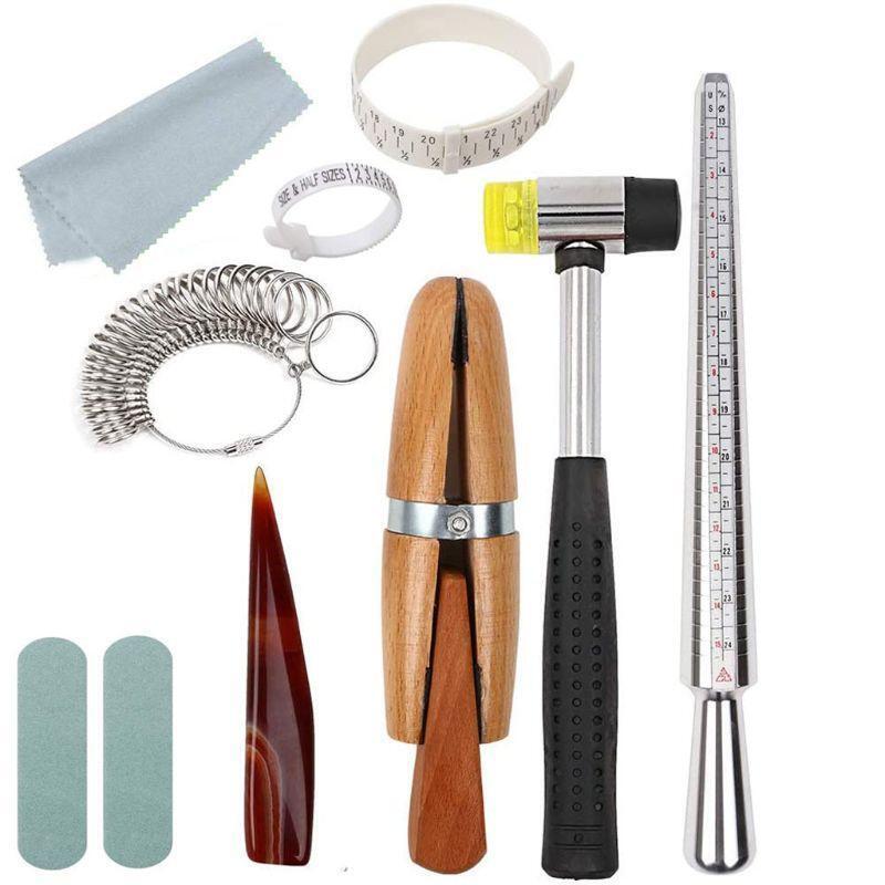 11Pcs Metal Mandrel Finger Sizing Guage Jewelers Hammer Ring Clamps Tools Kit