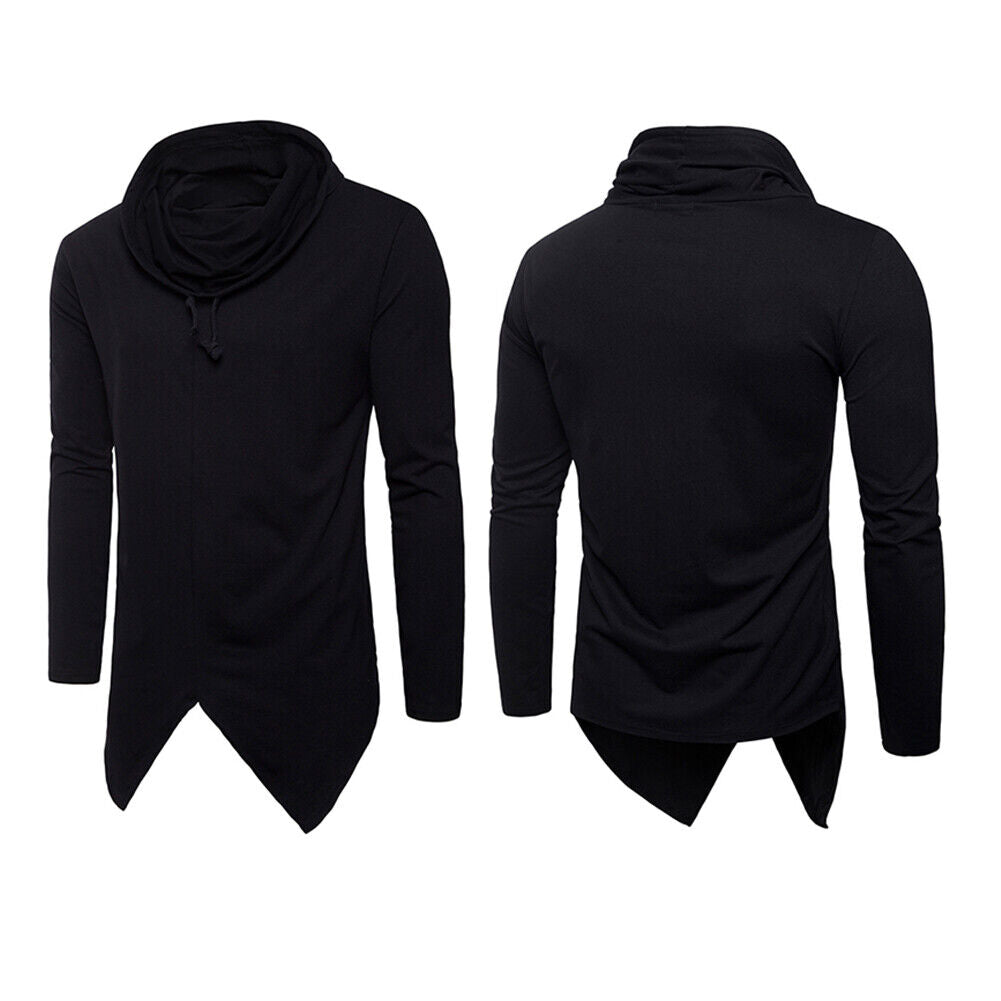Hip Hop Men Irregular Hem Long Sleeve Hooded T-Shirt Streetwear(Black)(XXL)