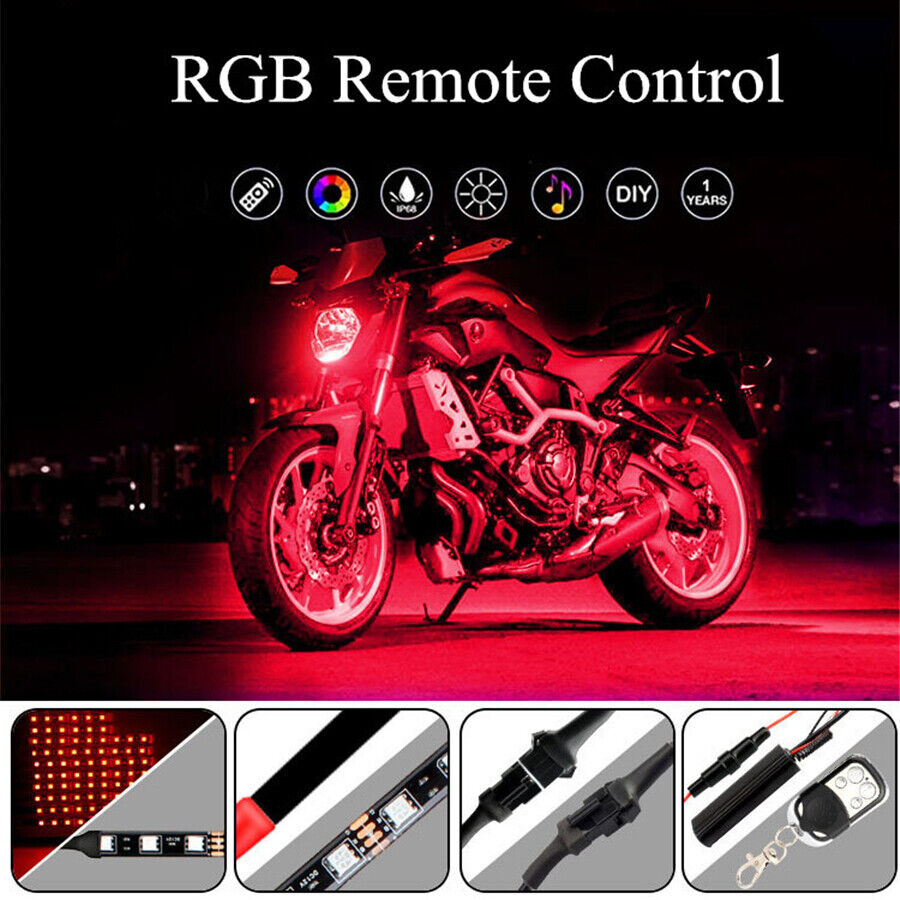 1set 144LED RGB LED Neon Under Glow Strip Light Remote Control For Motorcycle