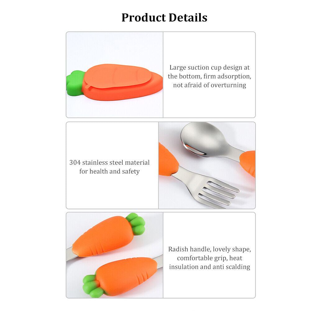 Stainless Steel Silicone Carrot Cutlery Feeding Plate Training Spoon Set
