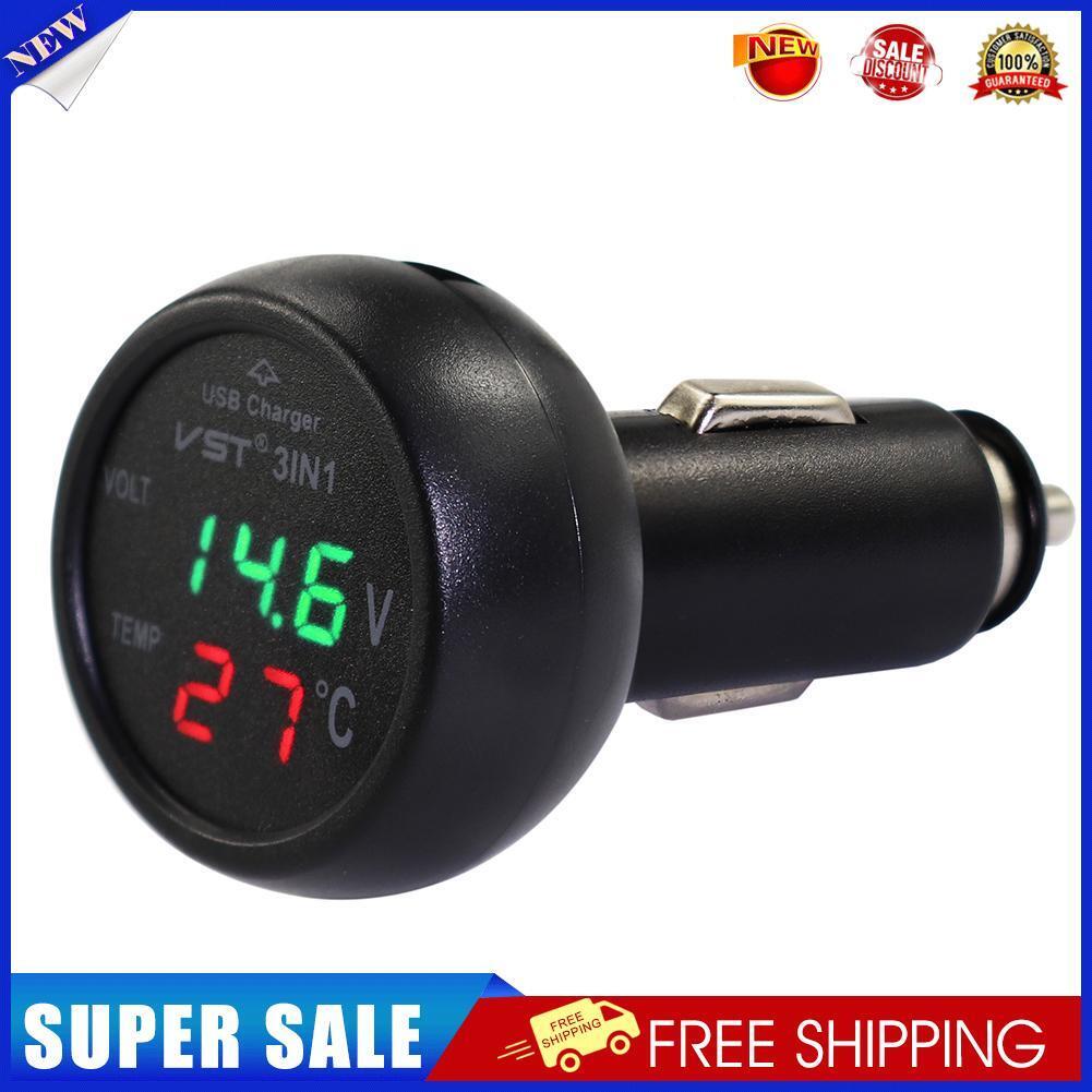 VST B7006 Car USB Phone Charger Car Battery Voltage Temp Meter (Green+Red)