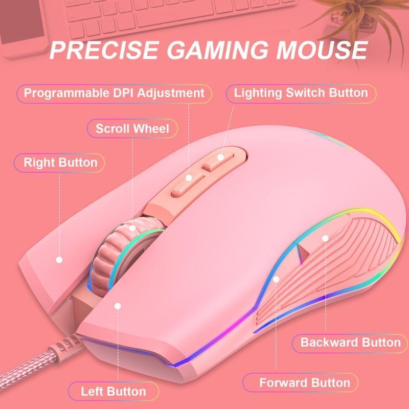 Optical Pink Wired Mouse Mice With Braided USB for Laptop Computer Gift w/Type-C