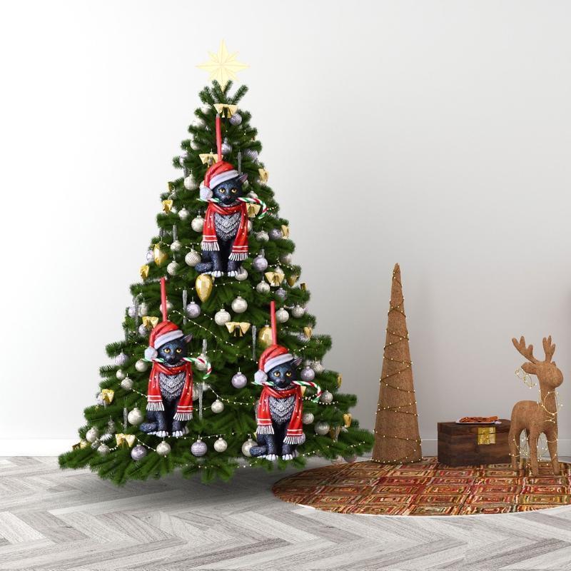 Christmas Cat Ornament Furry Kitten with Scarf Hat Holiday Tree Hanging Decor