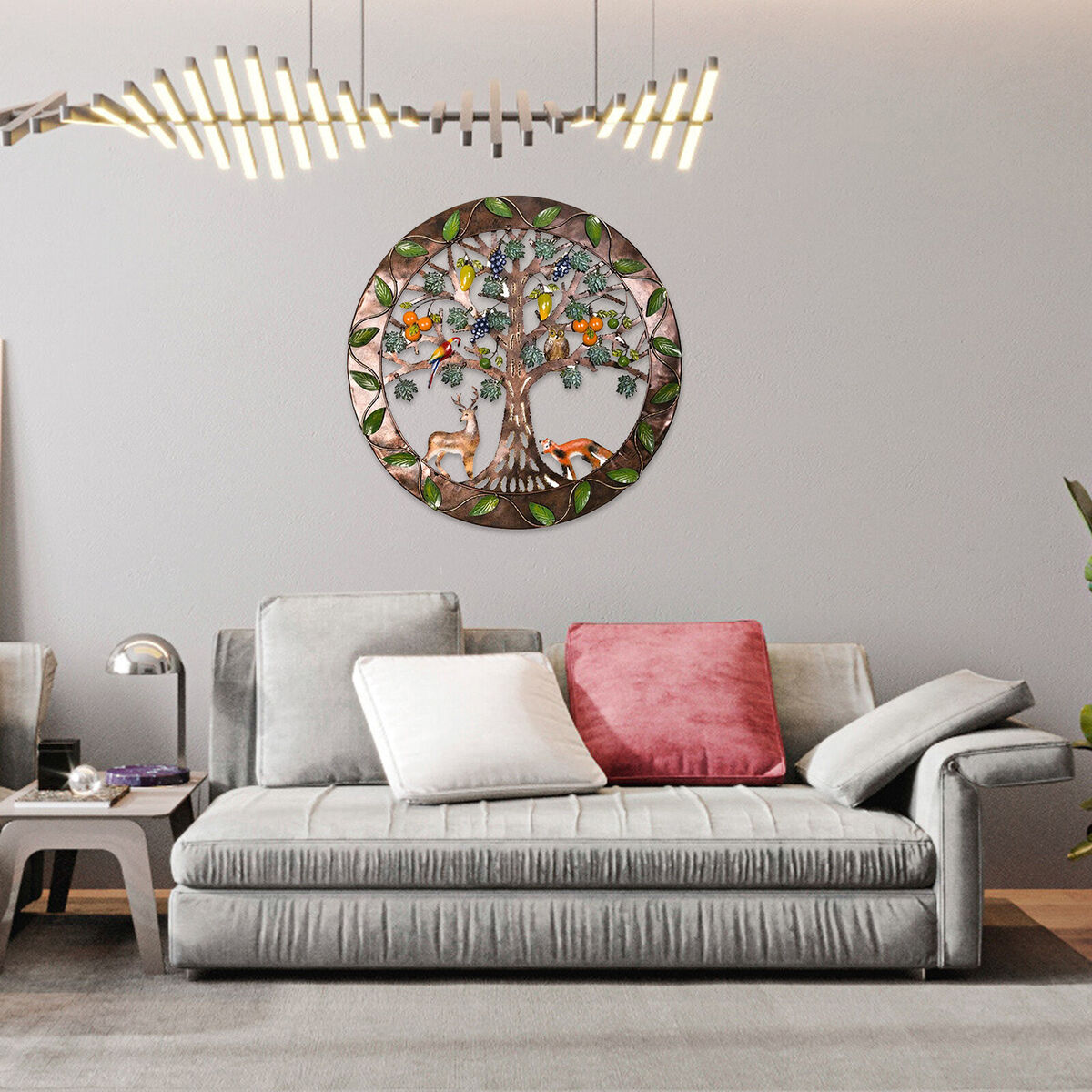 Iron Wall Sculptures-Metal Round Wall Decor with Tree Deer Fox Home Decor