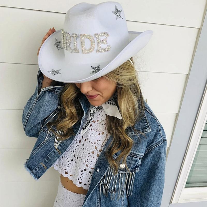 Stars Cowboy White Hat All-match Letter BRIDE Western Cowboy Hat for Girlfriend