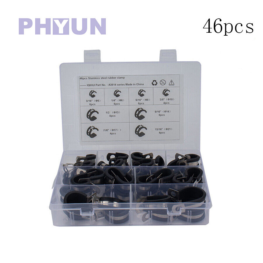 46pcs Universal 8 Kinds Stainless Steel Cable Clamp Rubber Cushioned Tube Holder