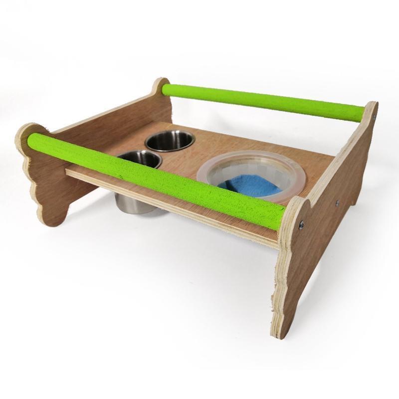 Bird Perch Table Stand Wood Playground with Feeding Cups for Parakeet Cockatiel