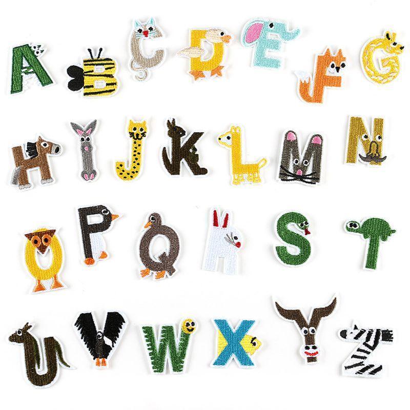26Pcs/set Animal Alphabet Letter Patches Embroidered Iron On Patch Clothes Decor