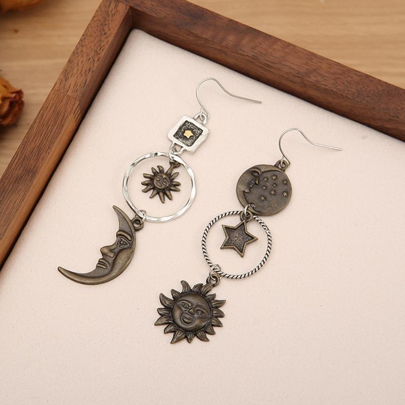 Sun Moon Pentagram Asymmetric Trendy Pendant Earrings Party Jewelry Gift for Her